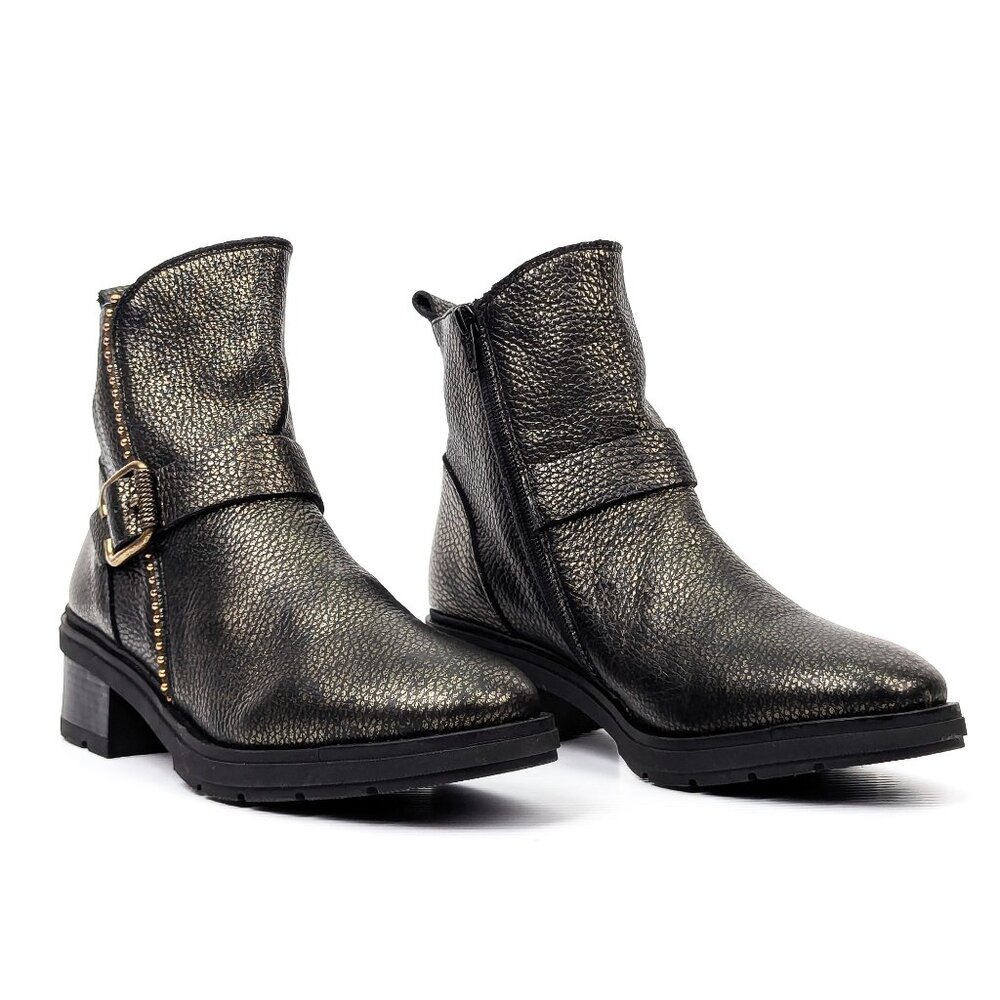 Hispanitas Women Levia Studded Buckle Moto Biker Green Leather Boots size 8.5US